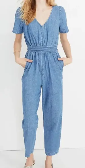 Madewell Women Size 2 Linen Blend Blue Chambray Jumpsuit v6x thumbnail 1
