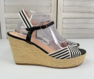 NINE WEST Women's "BREEZE0L1" Striped Espadrille Wedge Sandal Black/White-9.5M thumbnail 1