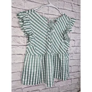 &merci Gingham Peplum Blouse Size L Green White Ruffle Cap Sleeve Tie Back Top thumbnail 6