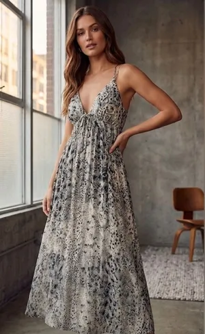 She + Sky Women Size-L Gray White Maxi Dress Snake V Neck‎ Summer thumbnail 1