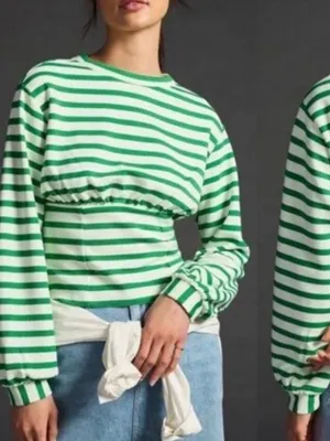 Maeve Anthropologie Womens Green White Stripe Corset Waist Blouse Xs thumbnail 9