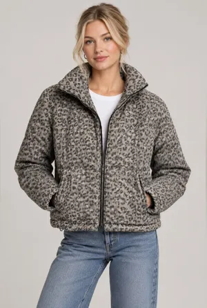 Jou Jou Denim Leopard Print Puffer Jacket - Gray Tan xs thumbnail 1