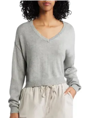 Brandy‎ Melville Gray V Neck Long Sleeve Cotton Sweater one size thumbnail 1