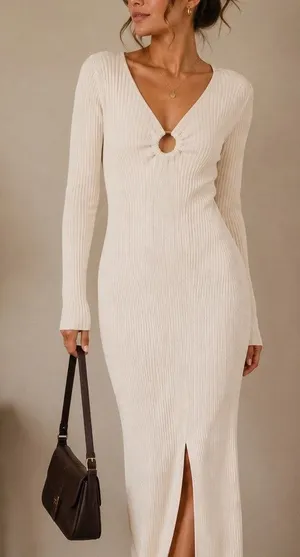 Abercrombie & Fitch O-Ring Cutout Midi Dress Womens XS White Quiet Luxury Fall thumbnail 1