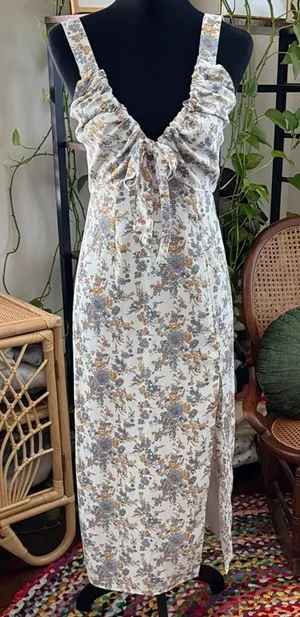 Abercrombie & Fitch White Floral Slit Leg Garden Cottage Boho Midi Slip Dress thumbnail 1