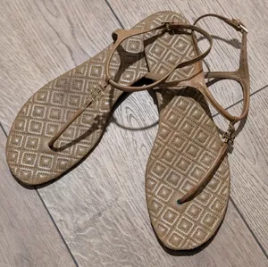 Tory Burch Women's 10.5 Tan Leather T Strap Logo Thong Sandals Shoes thumbnail 1
