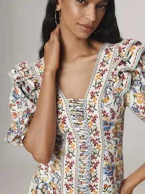 Farm Rio Greek Garden Floral Linen Blend Ruffle Tie Back Mini Dress Size M thumbnail 14