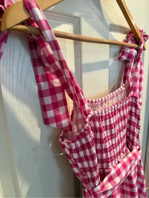 &merci Pink Gingham Smocked Midi Dress thumbnail 9