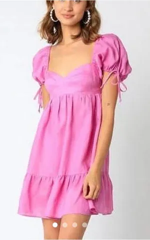 Olivaceous Pink Puff Sleeve Babydoll Linen Dress thumbnail 1