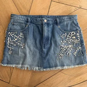 Free People Shine Bright Shine Far Medium Wash Denim Rhinestone Mini Skirt thumbnail 2