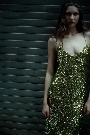 Zara Green Sequin Gown Maxi Dress Holiday Party Evening Festive Christmas thumbnail 14
