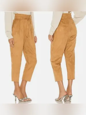 Free People Camel Nightfall‎ Vegan Faux Suede Tie High-Waisted Paperbag Pants thumbnail 2
