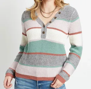 Maurices Henley Sweater Multicolor Striped V-neck Button Knit Pullover thumbnail 1