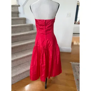 Vintage Pin Up Rockabilly Red Satin Strapless Drop Waist Midi Floral Sequin Gown thumbnail 3