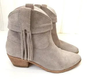 Joie Taupe Suede Fringe Western Ankle Boots Stacked Wood Block Heel 'Keaton' thumbnail 1