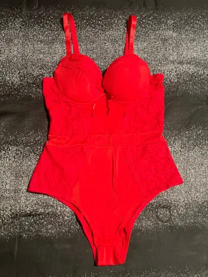 Womens medium Black Fuschia red lace-accented bodysuit-"lingerie as outerwear" thumbnail 1