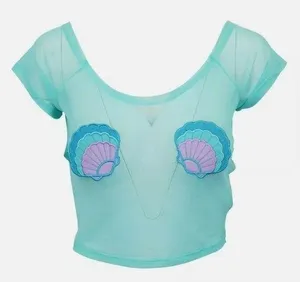 NEW! IRON FIST | MERMAID FOR LIFE | Mesh Crop Top Aqua Seashells Size MEDIUM thumbnail 1