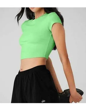 Alo Crop Finesse Short Sleeve Ultramint Neon Bright Stretchy Cropped T-Shirt Top thumbnail 4