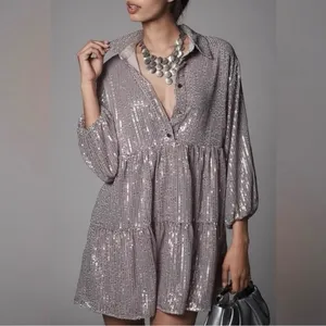 Anthropologie Maeve Bettina Mini Shirt Dress in Sparkly Silver Sequins Size XS‎ thumbnail 2