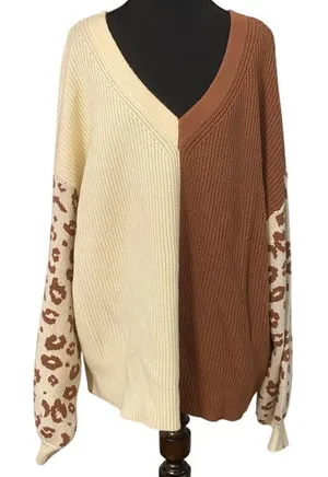 Pink Lily Oversized Ribbed Sweater Colorblock Leopard Sleeve XL 1X Cozy Casual‎ thumbnail 1
