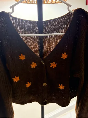 SHEIN Brown V-Neck Cardigan with Orange Floral Appliqués thumbnail 2