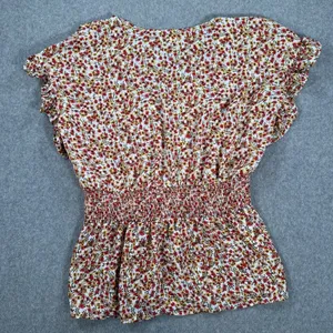 Max Studio Floral V-Neck Blouse Women's XL Yellow/Red Belted Ruffle Boho thumbnail 9