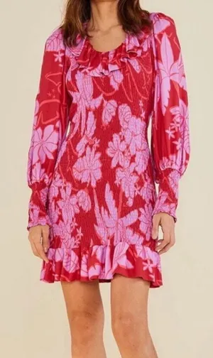 Farm Rio Smocked Floral Ruffle Mini Dress - Pink/Red thumbnail 1