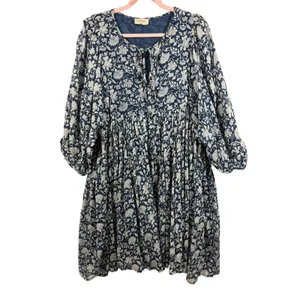 Talisman Blue Blossom Floral Cotton Midi Dress Relaxed Fit Boho S M thumbnail 6