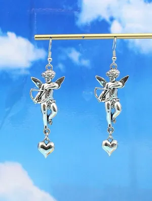 Pair of cupid, dangle drop earrings, heart, love, arrow, silver cherub, angel jewelry thumbnail 2