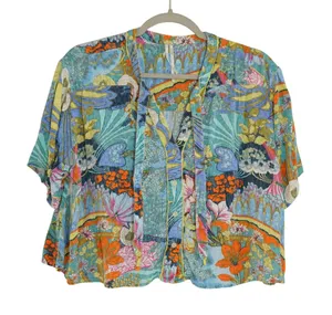 Anthropologie Boho Floral Cropped Shirt Blouse Multi Color Tie Neck Size Small thumbnail 1
