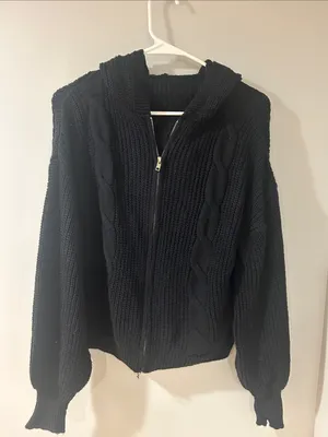 SHEIN Black Cable Knit Zip-Up Hoodie Cardigan thumbnail 1