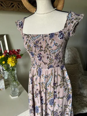 Angie Aawari nude blush, BoHo floral smocked maxi dress small thumbnail 3