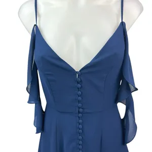 Lulus Navy Blue Ruffle V Neck Drapey Cold Shoulder Bridesmaid Maxi Dress Size S thumbnail 3