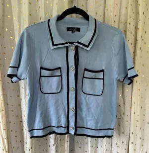 Our 12th Young Contemporary Rhinestone Flower Buttons Knit Polo Sweater L thumbnail 1