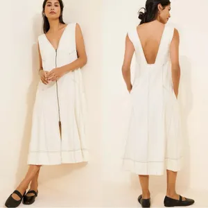 Free People Santino Denim Zip Front Midi Dress in Ecru Medium Minimalist thumbnail 13