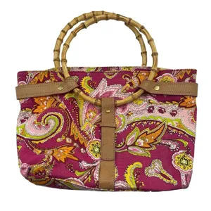 Ralph Lauren Vachetta‎ Leather Paisley Canvas Purse Handbag Round Bamboo Handle thumbnail 1