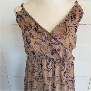 Nordstrom Soprano Brown Tan w/Navy Flowers Sheer Ruffled Flowy Dress XS NWT‎ thumbnail 3