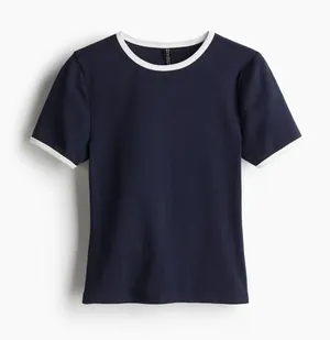 H&M Divided Navy Blue & White Trim Short Sleeve Fitted Crew Neck T-shirt Medium thumbnail 1