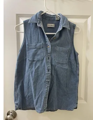 Vintage L.L. Bean Blue Denim Button Down Tank Top Sleeveless Shirt Women's XS thumbnail 1