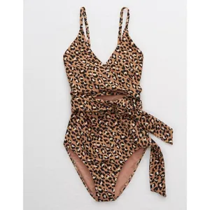 Aerie Leopard Print Wrap One Piece Swimsuit Tan Black Cutout Tie Waist L Long thumbnail 2