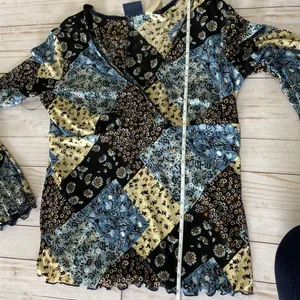 Y2k vintage boho floral patchwork blouse long sleeve blue brown tan large thumbnail 8