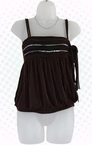 Vintage Y2K Spoof! Dark Chocolate Brown Sequin Bow Bubble Hem Tank Top Size XS thumbnail 1