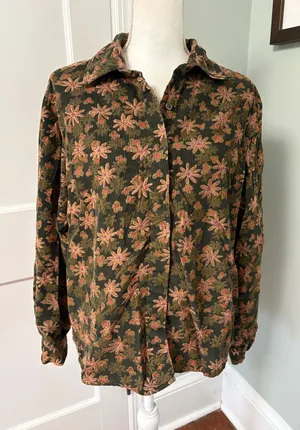 Woolrich Olive Green Floral Button-Down Shirt Corduroy Size XL thumbnail 1