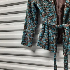 Erin London Jacket Women's Medium Brown Blue Long Sleeve Fuzzy Belted Blazer thumbnail 8