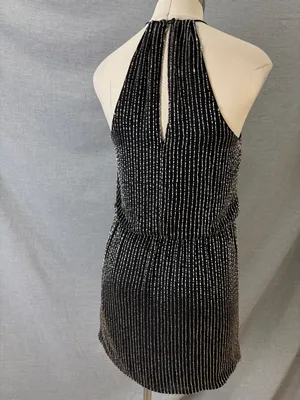 Parker NY‎ Black Silver Bugle Bead Halter Mini Dress Size 0 thumbnail 4