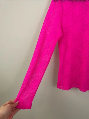 Anthropologie Bright Pink Floral Sheer Lace Long Sleeve Mock Neck Top Size Large thumbnail 5