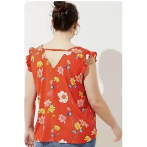 LOFT Women's Orange Red Lily Bar Back Shell Floral Flutter‎ Sleeve Blouse Size M thumbnail 3