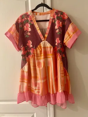 Floral Print Short Sleeve V-Neck Ruffled Hem Loose Mini Dress with Pockets M thumbnail 1