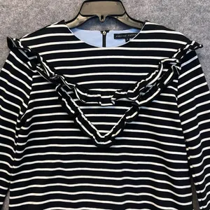 ENGLISH FACTORY Top Women's Small Black White Striped Ruffled‎ Trim Long Sleeve thumbnail 3