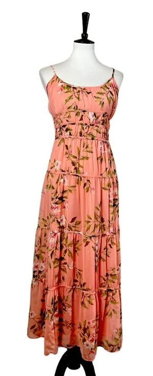 Lost + Wonder Maxi Dress Smocked Tiered Chiffon Peach Floral Women’s Size Medium thumbnail 1
